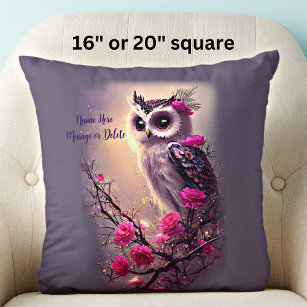 Purple Owl & Pink Flowers Cushion