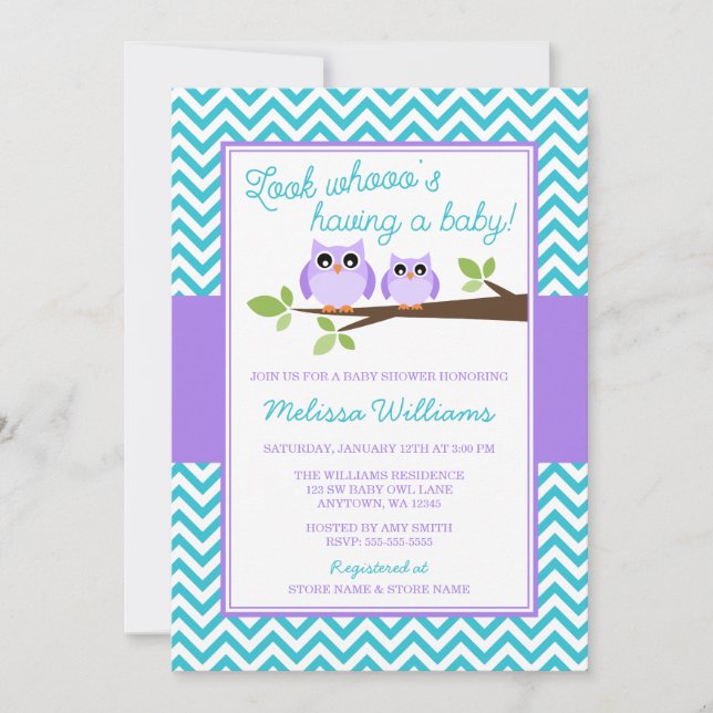 Purple Owl Teal Chevron Girl Baby Shower Invitation (Front)