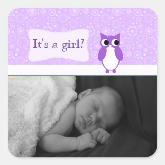 Purple Owl with Retro Circles New Baby Photo Square Sticker