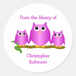 Purple Owls Design Bookplate Classic Round Sticker