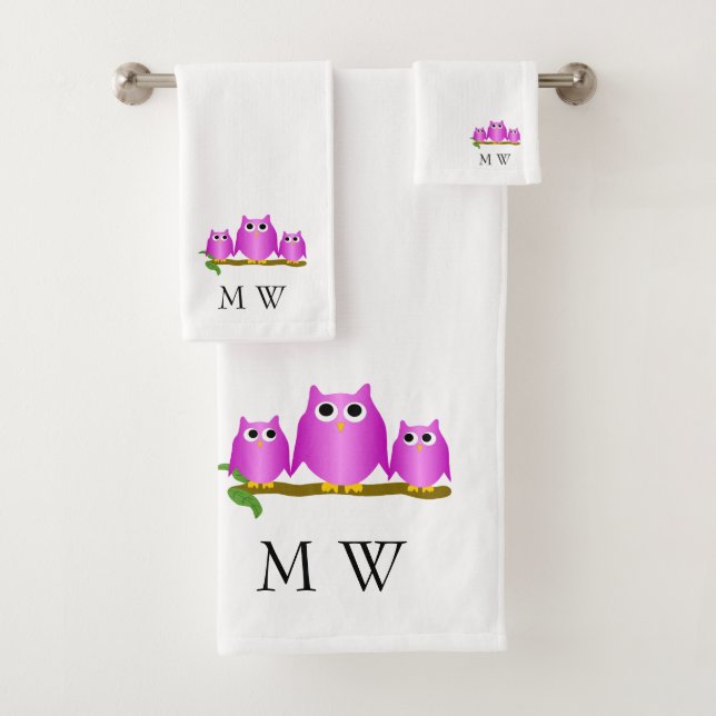 Purple Owls Design Monogrammed Bath Towel Set (Insitu)