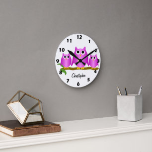 Purple Owls Design Personalised Round Clock