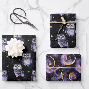 Purple Owls Magic Stars Birthday Wrapping Paper Sheet