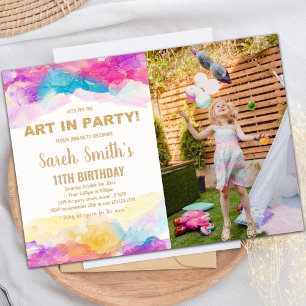 Purple Paint Birthday Invitations with photo