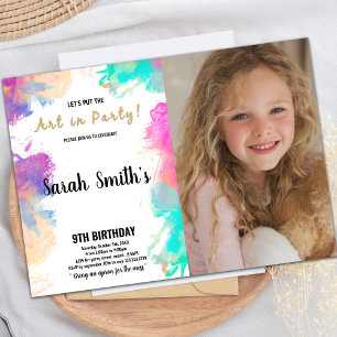 Purple Paint Birthday Invitations with photo