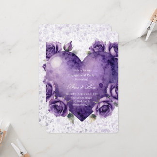 Purple Paint Heart and Roses Engagement Party Invitation