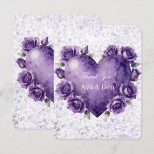 Purple Paint Heart and Roses Wedding Thank You Card