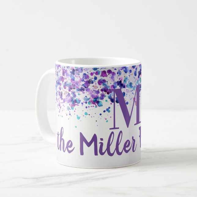 Purple Paint Splatte Personalised Name   Coffee Mug (Front Left)