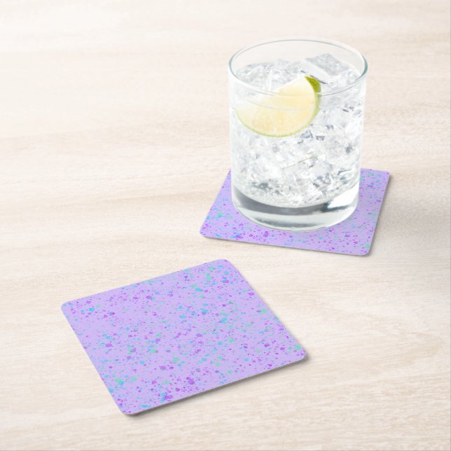Purple Paint Splatter Birthday Square Paper Coaster (Insitu)