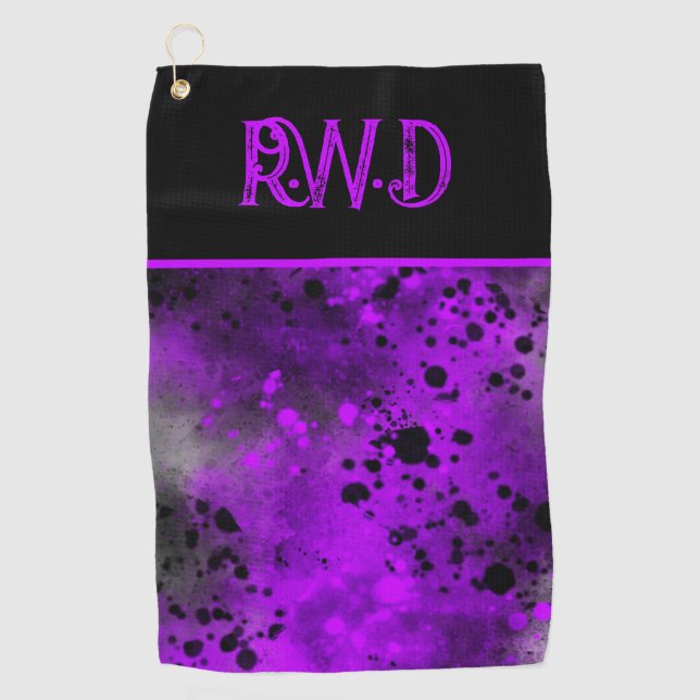Purple Paint Splatter Monogram Golf Towel (Front)