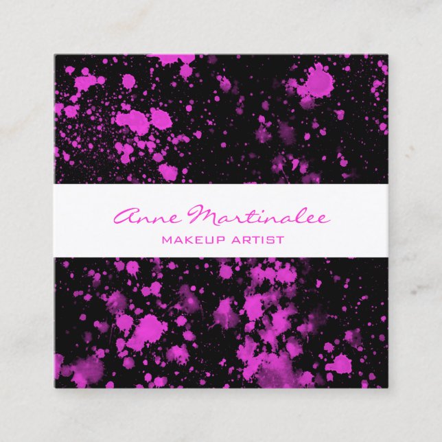 Purple Paint Splatter on Black Square Business Car Card (Front)