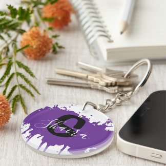 Purple Paint Splatter Personalized Initial & Name  Key Ring