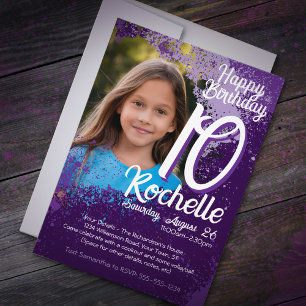 Purple Paint Splatter Photo 10th Birthday Invite