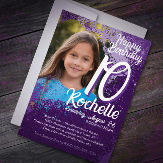 Purple Paint Splatter Photo 10th Birthday Invite