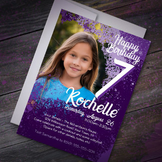Purple Paint Splatter Photo 7th Birthday Invite