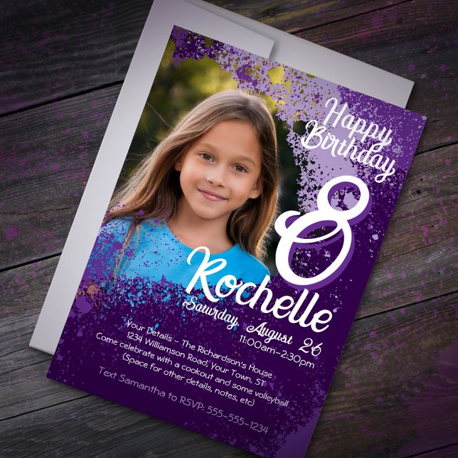 Purple Paint Splatter Photo 8th Birthday Invite (Creator Uploaded)