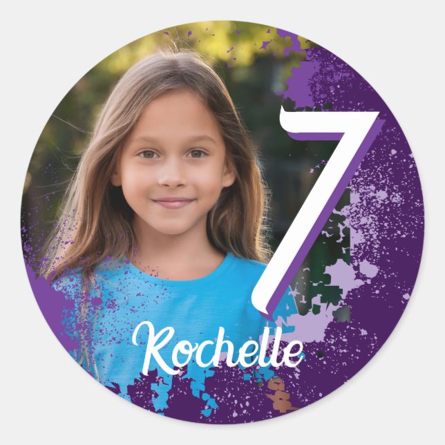 Purple Paint Splatter Photo Sticker - Age 7 (Front)