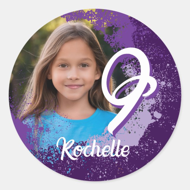 Purple Paint Splatter Photo Sticker - Age 9 (Front)