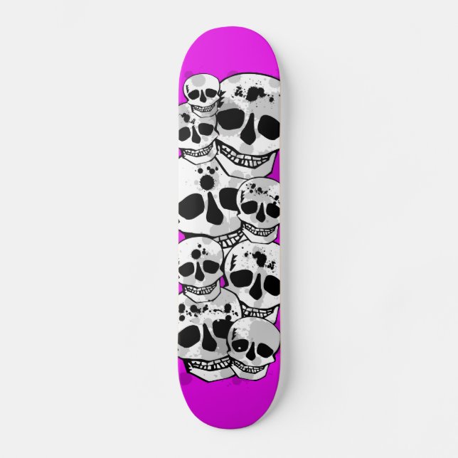 Purple paint splatter skulls black skateboard deck (Front)