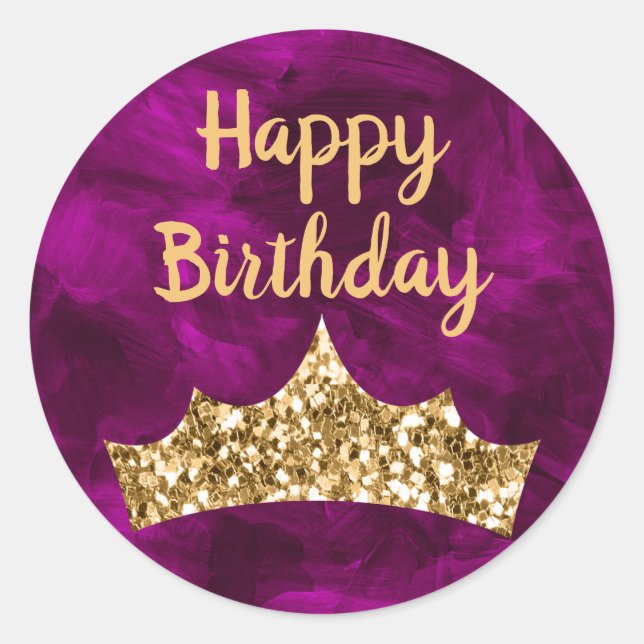 Purple paintbrush and Gold Crown Birthday Classic Round Sticker (Front)