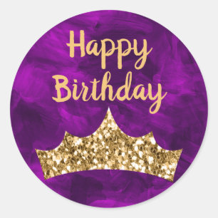 Purple paintbrush and Gold Crown Birthday Classic Round Sticker