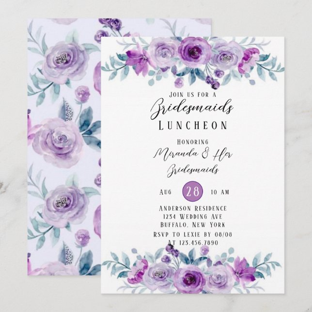 Purple Painted Peony Eucalyptus Bridesmaids Lunch Invitation (Front/Back)