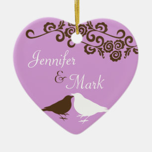 Purple pair love birds wedding couple first ceramic tree decoration