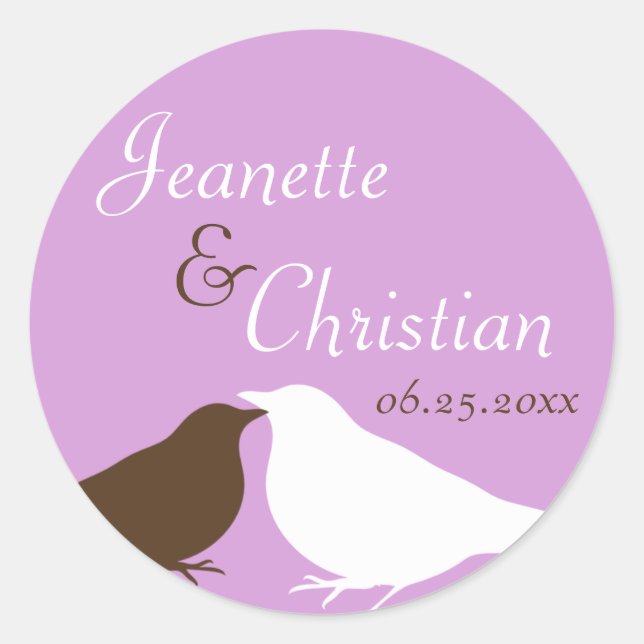 Purple pair love birds wedding favour seal label (Front)