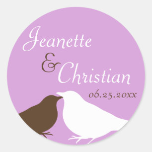 Purple pair love birds wedding favour seal label