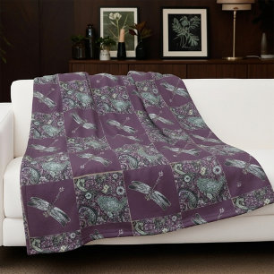 purple paisley and dragonfly check fleece blanket
