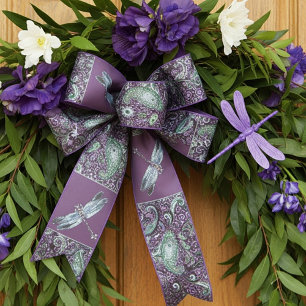 purple paisley and dragonfly check satin ribbon