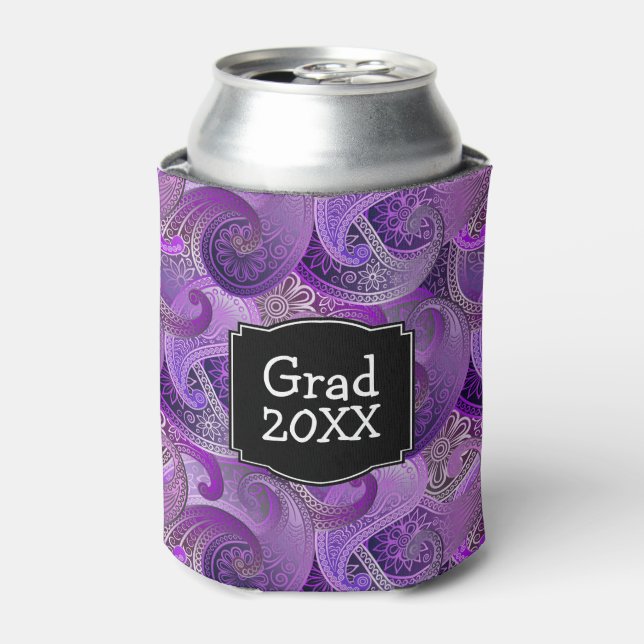Purple Paisley Pattern with Custom Text Can Cooler (Can Front)