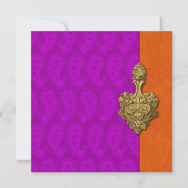 Purple Paisley Peacock Indian Wedding Invitation (Front)