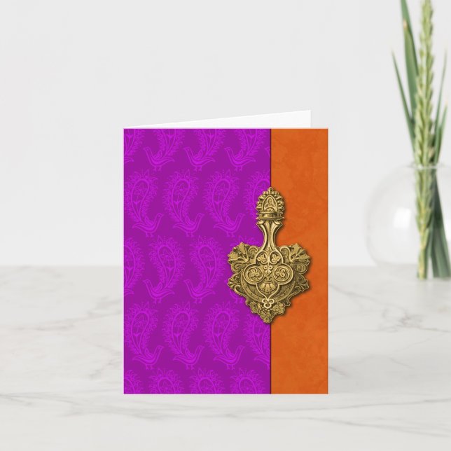 Purple Paisley Peacocks Indian Note Cards (Front)