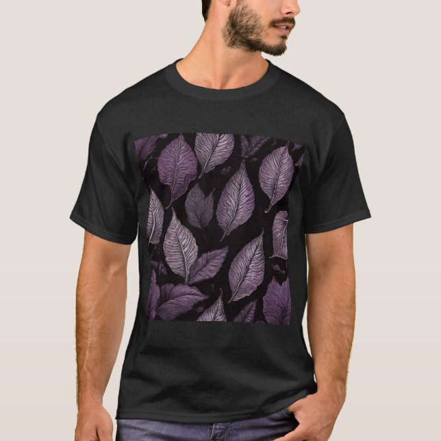 "Purple Palm Leaf Black Tee - Coastal Elegance Shi (Front)