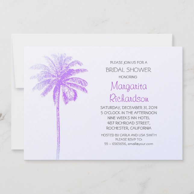 purple palm tree beach bridal shower invitations (Front)