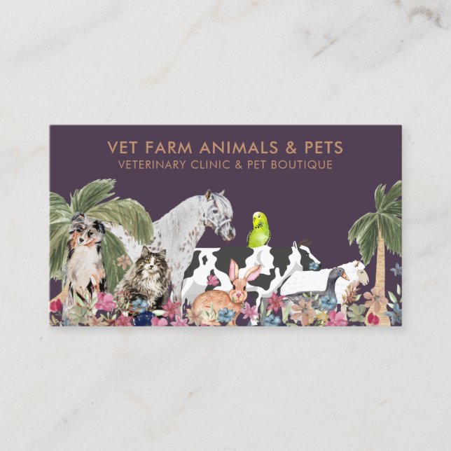 Purple Palm Tree Farm Animal Cat Dog Bird Pet Business Card (Front)
