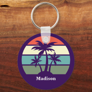 Purple Palm Tree Personalized Beach House Key Ring