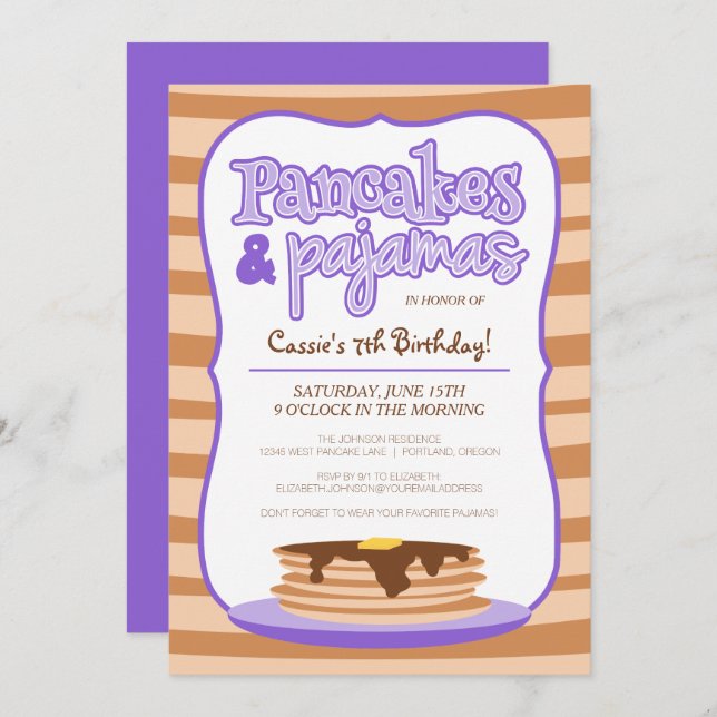 Purple Pancakes and Pyjamas Birthday Invitation (Front/Back)