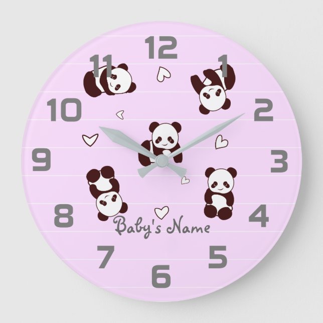 Purple Panda Heart Nursery Decor Wall Clock (Front)