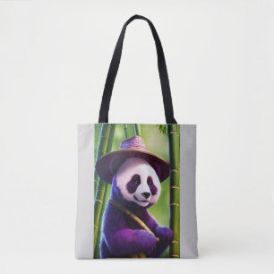 Purple Panda in Bamboo – Cute Hat-Wearing Forest Tote Bag