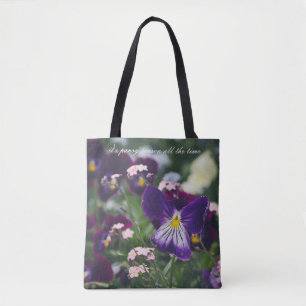 Purple pansies and pink forget-me-nots tote bag