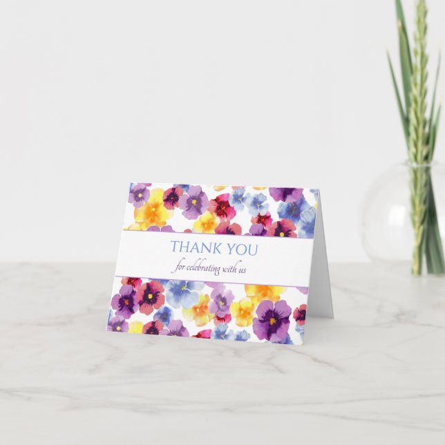 Purple Pansies Boho Watercolor Bridal Shower Thank You Card (Front)