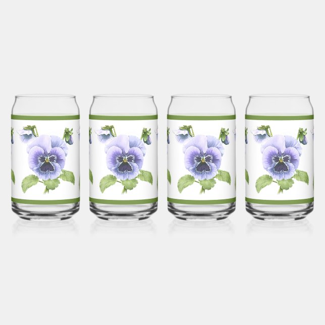 Purple Pansies Floral Botanical Art Can Glass (Left)