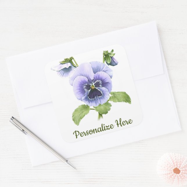 Purple Pansies Floral Botanical Art Square Sticker (Envelope)