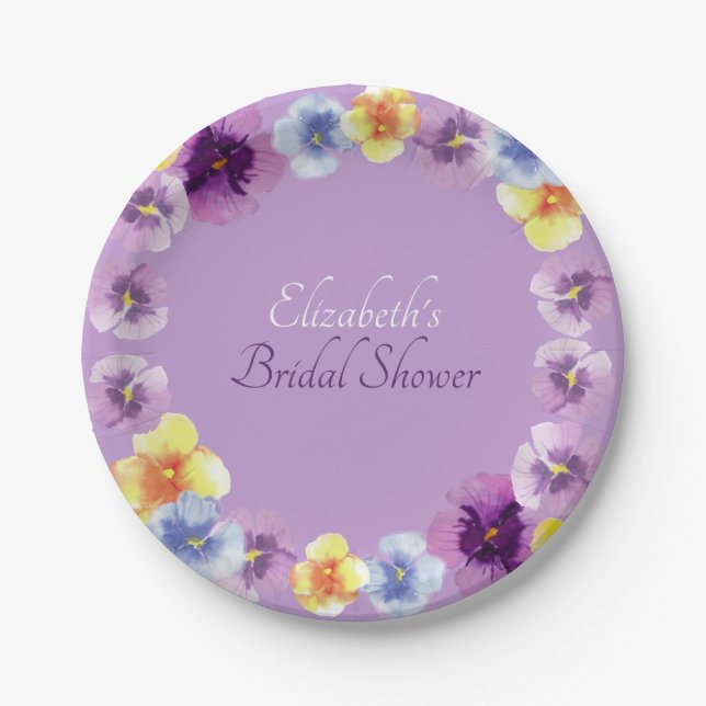 Purple Pansies Garden Party Boho Bridal Shower Paper Plate (Front)