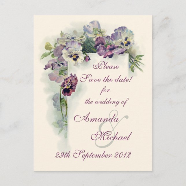 Purple pansies Save the Date Announcement Postcard (Front)