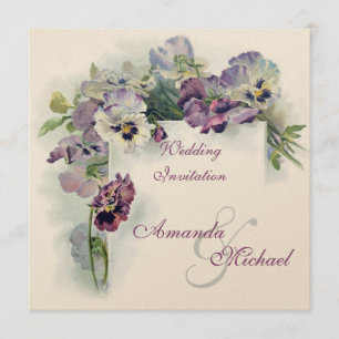 Purple pansies square wedding invitation