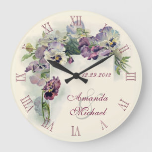 Purple pansies wedding anniversary large clock