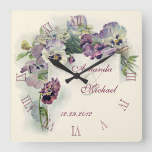 Purple pansies wedding anniversary square wall clock